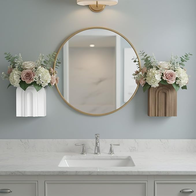 2 Pack Wooden Wall Vase White and Natural for Pampas Grass and Dried Stems | Neutral wall vases for faux flowers and pampas grass; farmhouse bathroom decor for hallway, entryway or living room