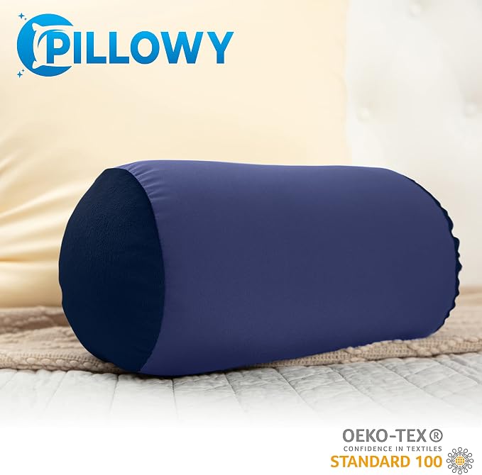 PILLOWY Microbead Bolster Neck Roll Pillow, Gently On Body, Head, Neck & Shoulders No Pain Rest, Relax Sleep - Silky Feel Prevent Wrinkles & Hair Breakage - Lightweight Cylinder, 14" x 8", Dark Blue