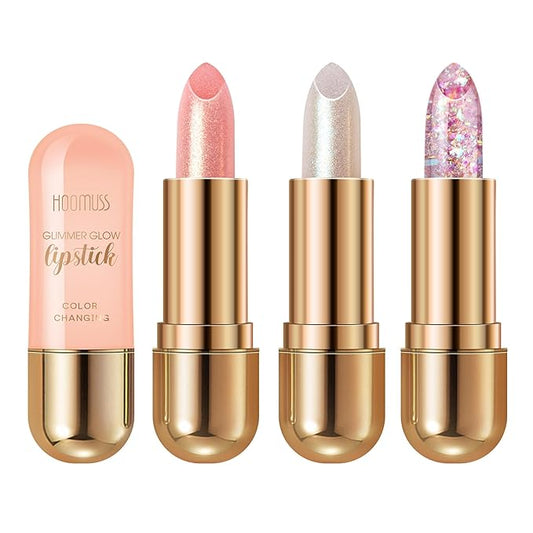 Glimmer Balm Tinted Lip Balm Moisture Hydrate lipsticks PH Lipstick, Color Changing Lipstick Natural Chapstick Glitter Pink Lip Gloss, 3pack