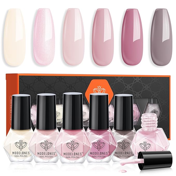 modelones Nail Polish Set 6 Colors, Pearl Pink Grey Beige Mini Quick Dry Nail Lacquer Kit, Bubble Bath Shimmer Pearlescent DIY Home Salon Nail Art Manicure Gift for Women Girls