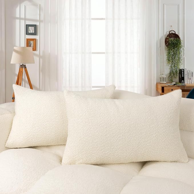 JoraLion 12x20 inch Boucle Throw Pillow Covers, Cream Woven Texture Neutral Pillow Cover Breathable Cushion Case for Couch Sofa Bed Living Room Home Decor, Pack of 2, No Insert