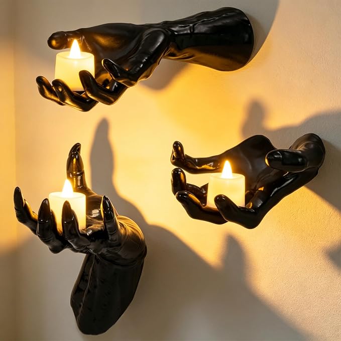 Halloween Wall Decor, Gothic Set of 3, LED Candle Hands Indoor Decoration | Halloween Wall Decorations Set of 3, Gothic Reaching Hands with LED Candles, Life-Sized Horror Props for Indoor Outdoor Party