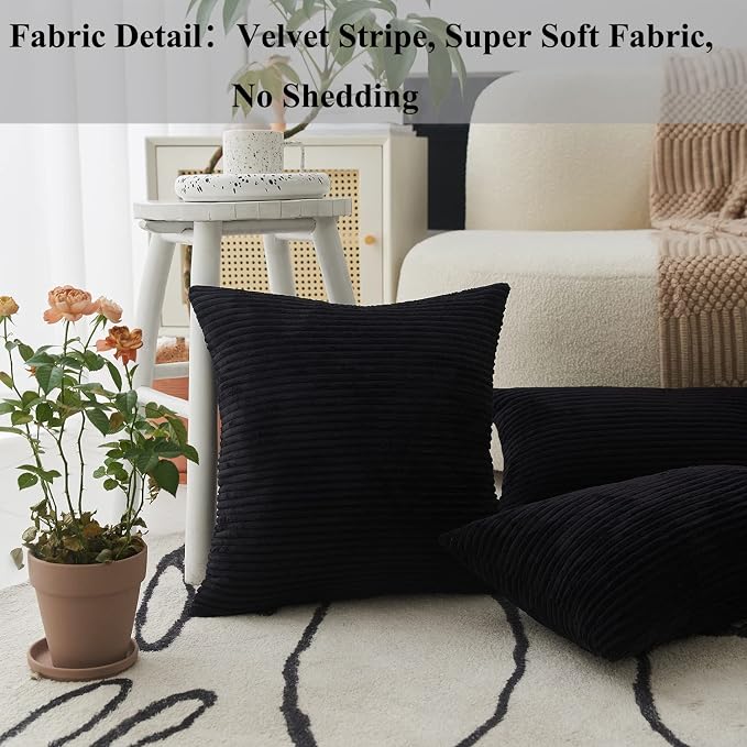 Home Brilliant 20x20 Black Pillow Cover Solid Soft Corduroy Throw Pillow Cover Striped Plush Summer Throw Pillows for Couch Sofa Chair Car, 20 x 20 inch (50cm), Black