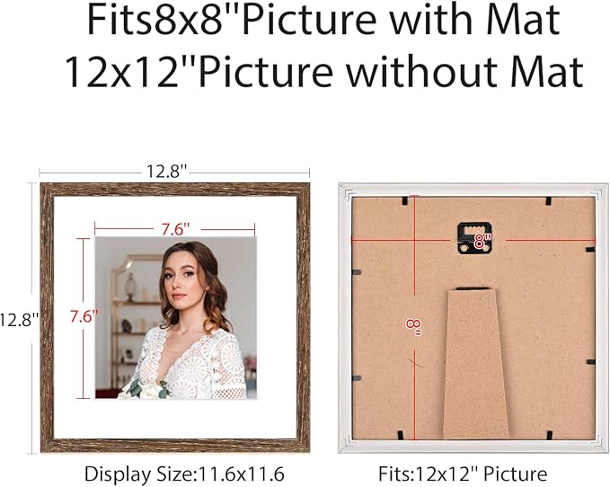 12x12 Picture Frame Set of 9, Display Pictures 8x8 with Mat or 12x12 without Mat, Multi Collage Gallery Square Photo Frames for Wall or Tabletop,Distressed Brown