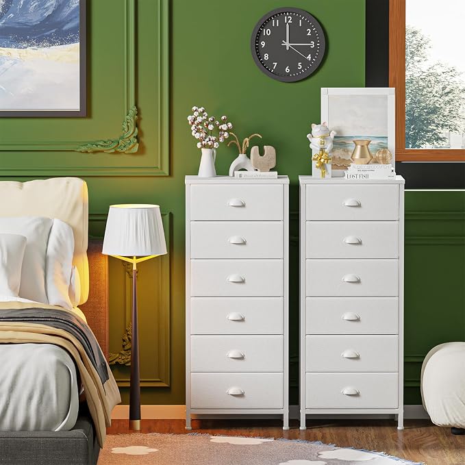 White Dresser for Bedroom, 6 Fabric Drawers Chest of Drawers | Tall Skinny Dresser for Closet, Vertical Storage Tower Unit, Tall Nightstand for Dorm, Living Room, Metal Frame, Wooden Top