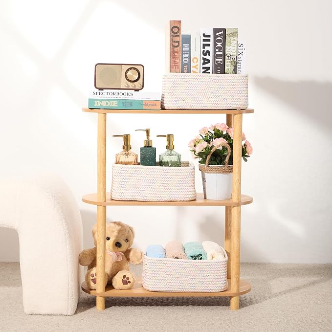 MiniArk Small Storage Baskets for Organizing | Closet Organizer Bins | Shelf Toy Basket | Woven Rope Baskets | Cube Decorative Box | Shallow Basket | 11.5x7.5x4.7” | 3 Packs Rainbow