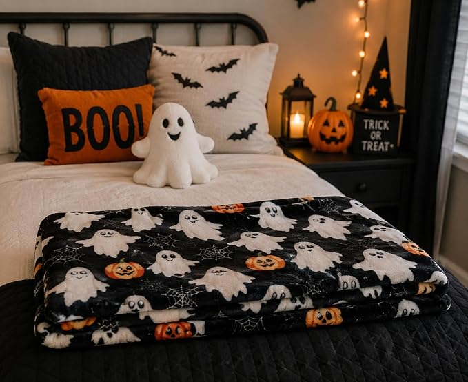 Halloween Cute Fleece Throw Blanket, Jack-O-Lanterns, Ghosts & Webs, 50x70 | Ultra-soft cozy flannel fleece, for sofa couch bed chair & dorms, spooky Halloween décor, durable and machine washable.