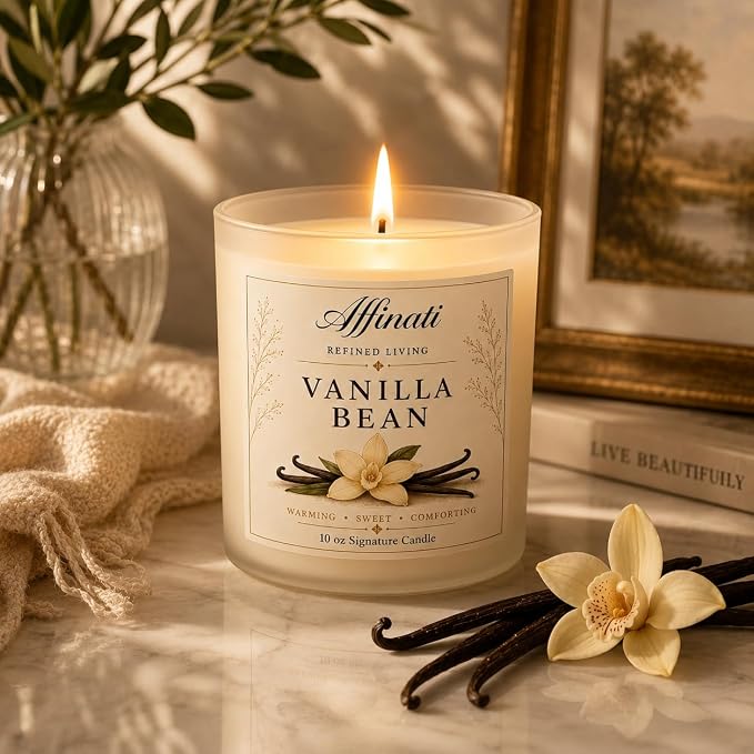 Affinati Vanilla Bean 10 oz Scented Candle – Long Lasting Luxury Soy Blend Candle for Home, Strong Scent Throw Warm Sweet Cream Aromatherapy Candles, Clean Burning Elegant Home Fragrance Gift