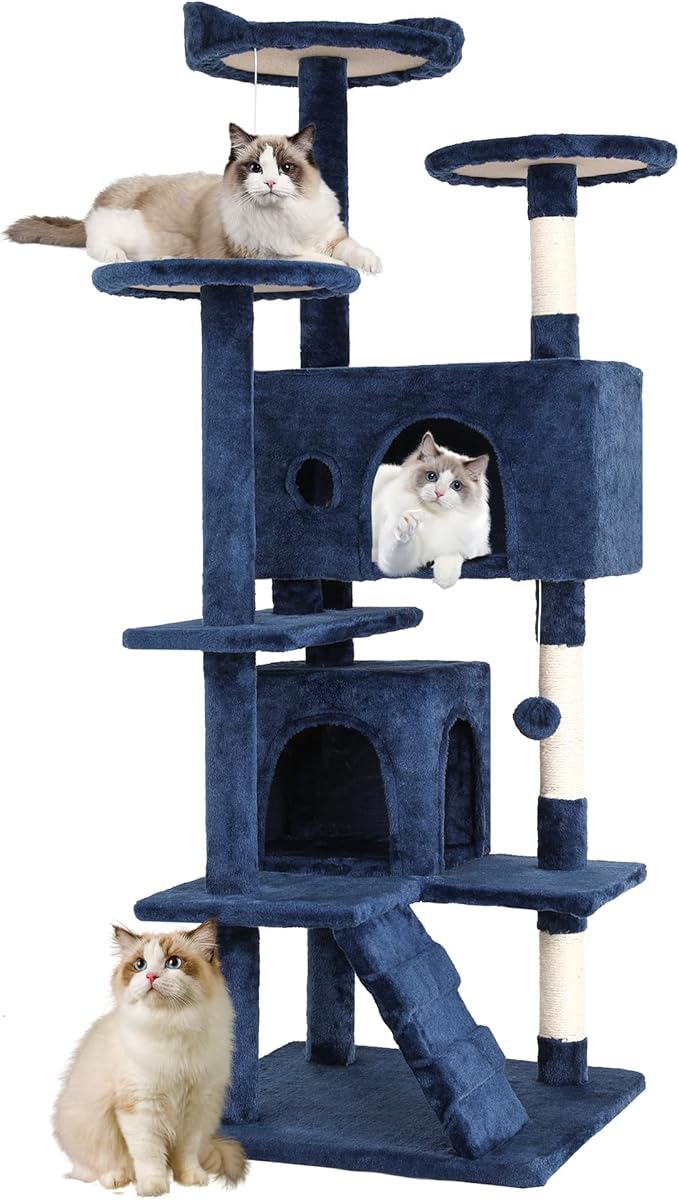 FDW | 54" Cat Tree Tower | Dark Blue | Multi-Level Indoor Activity Center with Sisal Scratching Posts, Condos, Plush Perches, Hanging Cat Toys | Sturdy, Easy to Assemble | for Kittens & Adult Cats