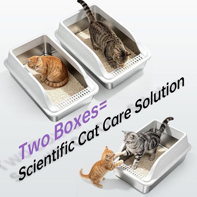 High-Sided Stainless Steel XL Cat Litter Box for Cats | High-sided design prevents urine leakage. Non-stick and easy to clean. Includes scoop (Gray)
