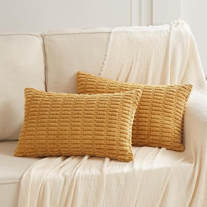 Fancy Homi Decorative Throw Pillow Covers for Bed Couch Bedroom Bench, Soft Corduroy Solid Pillow Case, Rustic Farmhouse Boho Room Decor,24" x 14" (Pack of 1),Mustard Yellow