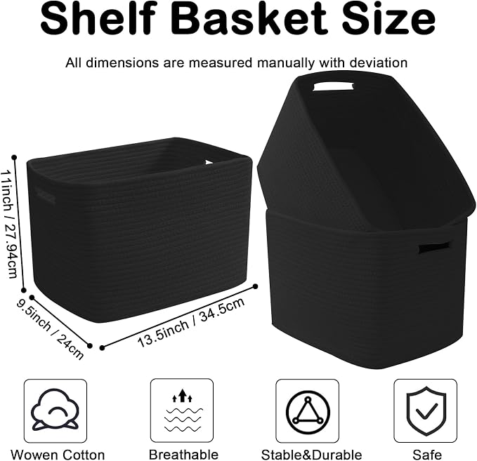 3 Pack Woven Baskets,Storage Baskets for Shelves with Handles | 13.5"×11"×9.5",Closet Baskets,Gift Basket,Nursery Organizer for Toys Towels Books,Storage Bin for Living Room Bedroom-Black