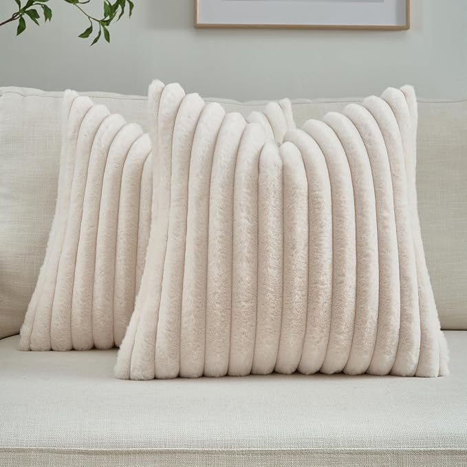 FUTEI Pack of 2 Faux Fur Throw Pillow Covers 24x24 Inch, Light Beige | Fluffy Faux Rabbit Fur Front/Premium Velvet Back,Hidden Zipper,Machine Washable,Non-Shedding,Colorfast,Insert Not Included.