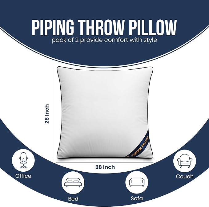 Utopia Bedding 28x28 Throw Pillow Inserts, Decorative Pillows, Pack of 2 | Piping Throw Pillows, Plush & Supportive, Aesthetic Cushion Sham Stuffer for Sofa, Office, Couch & Bed, Set of 2, White