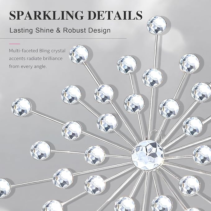 ZEXUIRU 4 Set Silver Starburst Wall Art for Home Decor Metal Bling Crystal Rhinestones Sunburst Wall Decor Sparkling Rhinestone Art Accent Silver - 13 in