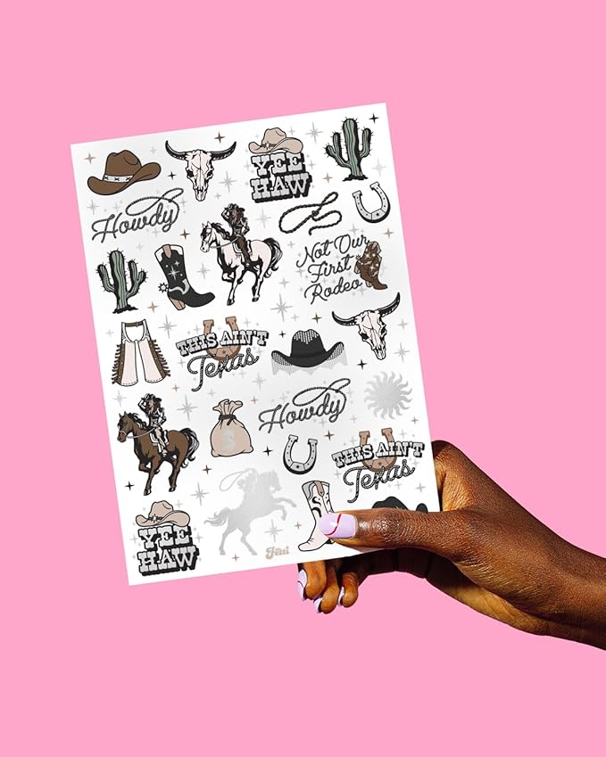 xo, Fetti Western Birthday Party Temporary Tattoos - 50 Silver Foil Pcs | Birthday Girl Accessory, Rodeo Cowgirl Bachelorette Party Decorations, Hoedown Accessory, Country Theme Party Supplies