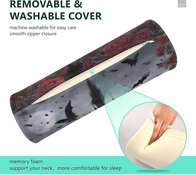 Fresh Rose Cat Castle Halloween Neck Roll Pillow Bolster Round Health Memory Foam Long Cervical Cylinder Pillows with Removable Washable Cover for Body Bed Legs Back Yoga