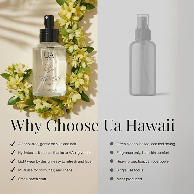 Pakalana Chinese Violet Body and Hair Mist from Hawaii, Hair Perfume for a Light, Hydrating Refresh, Body Mist for Women and Men, Alcohol-Free, With Moisturizing Hyaluronic Acid & Glycerin, 3.4 oz