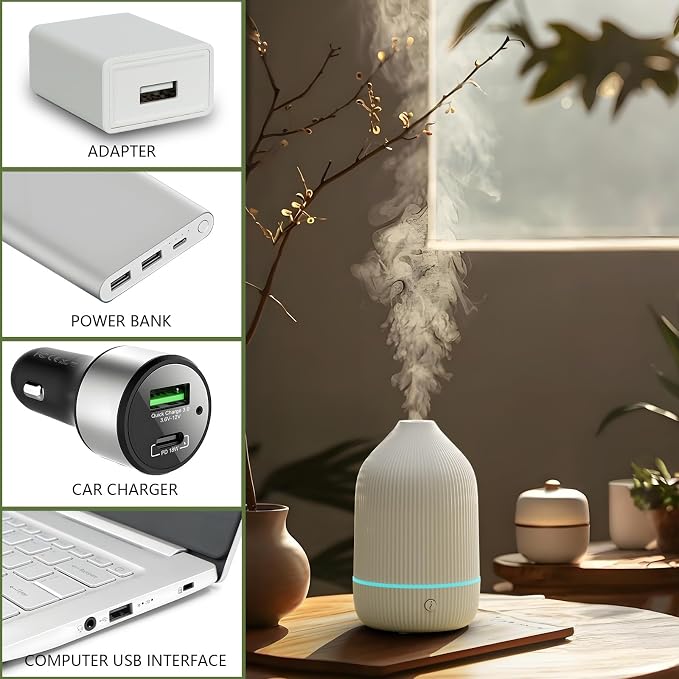 Oil Diffuser,100ML Mini Aromatherapy with USB Cable & Adapter, 7 Colors Lights Mode Waterless Auto Off for Car Home Office Room (USB Power)