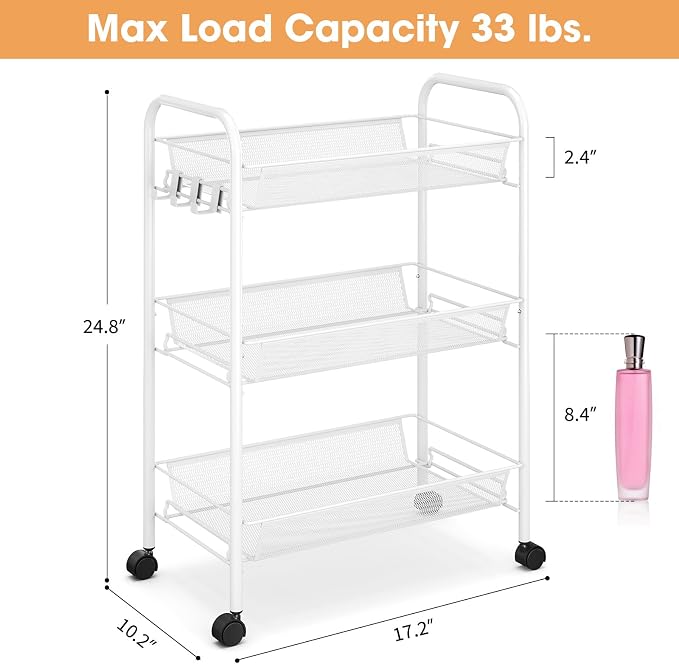 TOOLF 3 Tier Rolling Cart, Metal Utility Storage Cart with Wheels, White | 3 Hooks, Screwless Assembly, Trolley Organizer for Bathroom, Kitchen, Office, Nursery, Dorm, Laundry Room