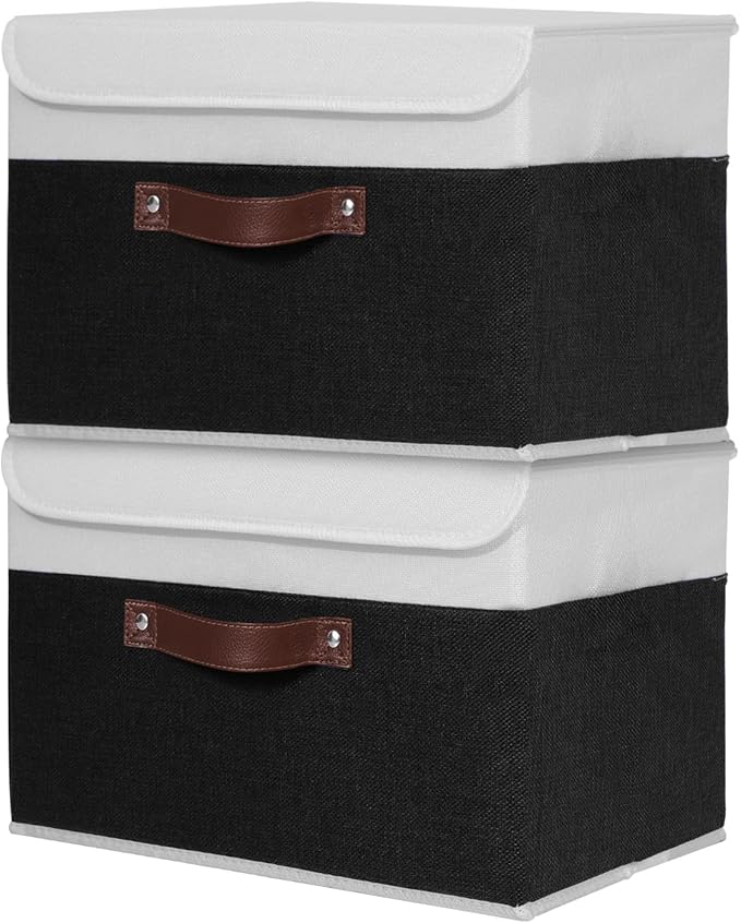 ANMINY Fabric Storage Box Bins with Lids, Black White, 13"x9"x7.9", 2 Pack | Keepsake Memory Storage, Cotton Linen, PP Board Reinforced, Washable, PU Handles, Foldable & Stackable, Decorative, Medium