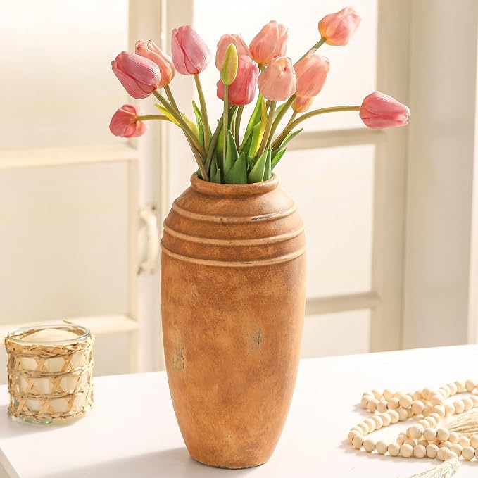 Large Ceramic Flower Vase,12.87 Inch Terracotta Vase for Home Decor | Rustic Farmhouse Vintage Vase for Living Room, Bedroom, Shelf, Entryway, Dining Table Centerpiece, Office Decor