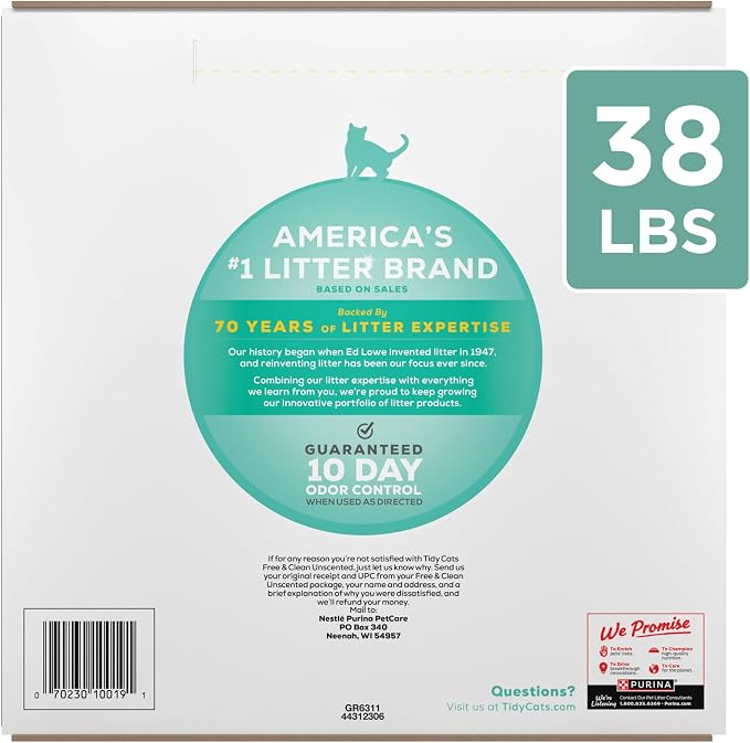 Purina Tidy Cats Free and Clean Unscented Clumping Cat Litter, 38 lb Box | Activated charcoal delivers lasting odor control, made without fragrances or dye, clumping