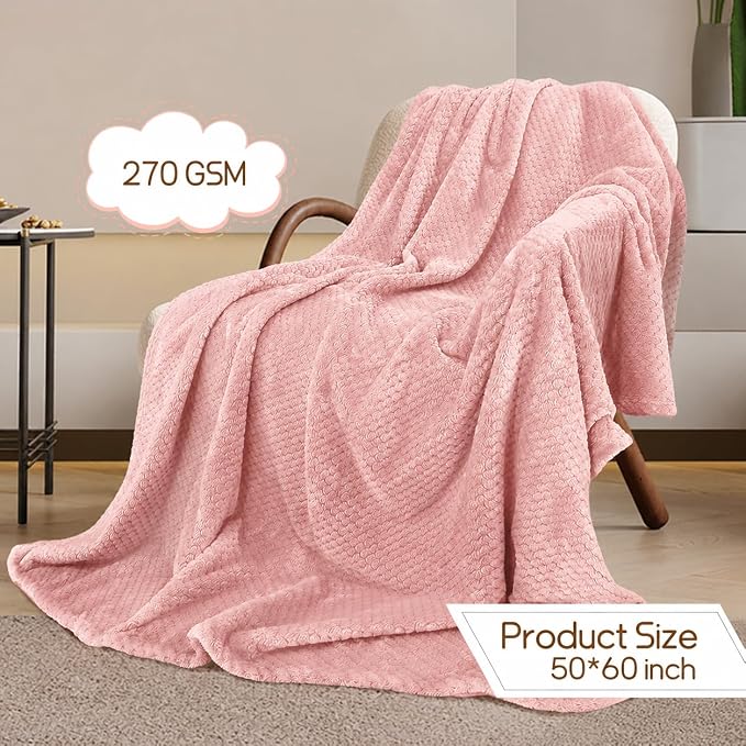 4 Pack Fleece Throw Blankets 50x60 Inches - 270 GSM Ultra Soft Plush Flannel for Bed Couch Sofa, Lightweight Warm 3D Waffle Texture, No Shedding No Pilling All Season Throw (Rose Pink)