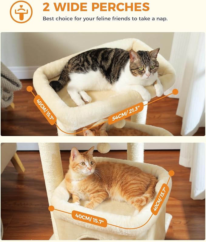 PEQULTI Cat Tree Tower for Large Indoor Cats, Extra Large Perch, Beige | Sisal wrapped scratch posts, oversized resting perch, sturdy cat tower furniture for indoor large cats