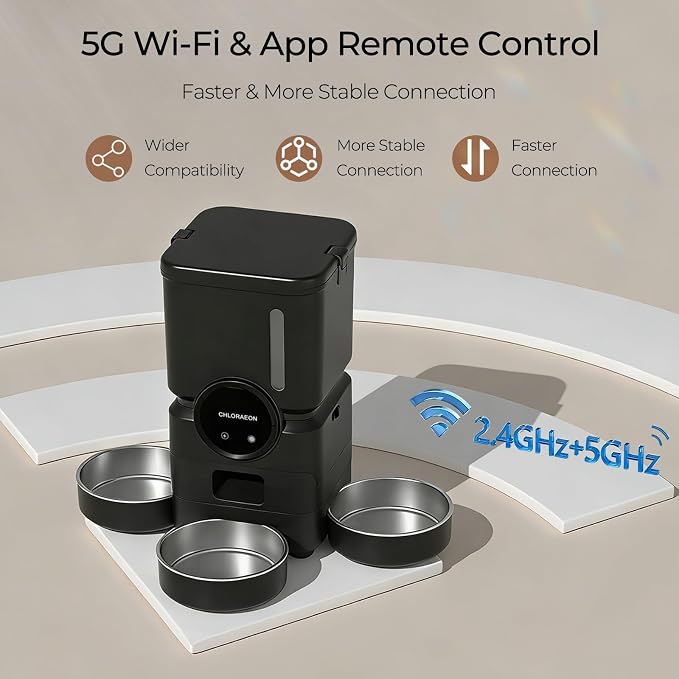 Automatic Cat Feeder for 3 Cats, 6L 5G WiFi Feeder, Slow Feed, Black | 3-bowl system with app scheduling, 15-day battery backup, stainless steel bowls, and sealed freshness protection.