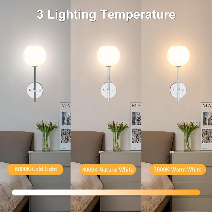 Chrome Battery Operated Wall Sconces Set of 2, Rechargeable Wireless Wall Lights with Milky White Frosted Glass, 12 RGB and 3CCT Dimmable, Wall Lamps with Remote for Bedroom Living Room Hallway