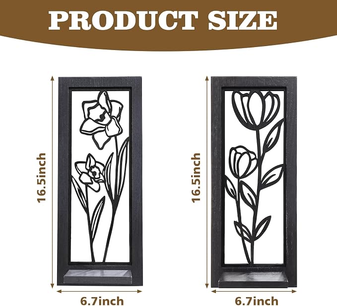 ZEXUIRU 2 Set Rustic Candle Sconces Living Room Bedroom Entryway Wood Mirrored, Farmhouse, Carved Frame Wall-Mount Wooden Candle Holders Wall Decor Hanging Handmade Holder - Black