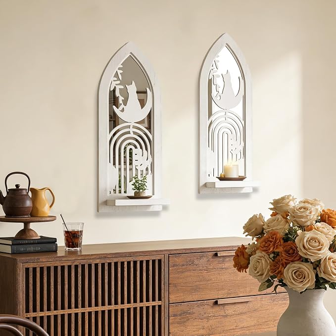 ZEXUIRU 2 Set Rustic Candle Sconces Living Room Bedroom Entryway Wood Mirrored, Farmhouse, Carved Frame Wall-Mount Wooden Candle Holders Wall Decor Hanging Handmade Holder - Distressed White