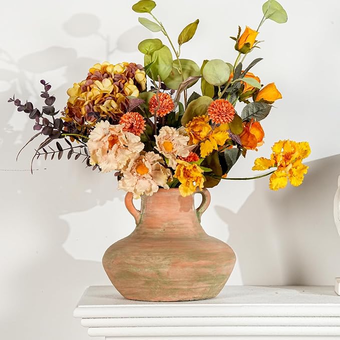 Sungmor Rustic Ceramic Flower Vase with Handles, 7 Inch Short Wide Body | Terracotta Plant Pots, Cement Textured Vases Home Decor, Indoor Fresh Flowers Planter, Dried Flower Arrangements