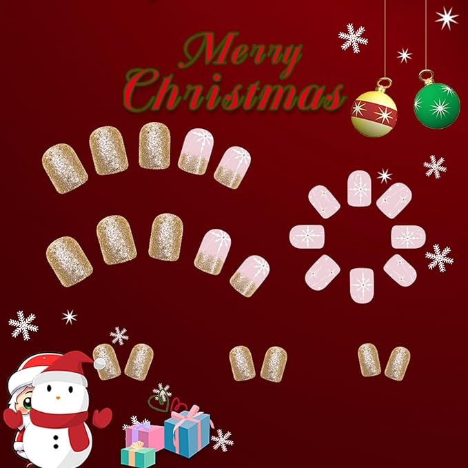 Gold Glitter Christmas Press on Nails Xmas Snowflake False Nails Glossy Short Square Glue on Nails Winter Christmas Acrylic Fake Nails for Women Girls