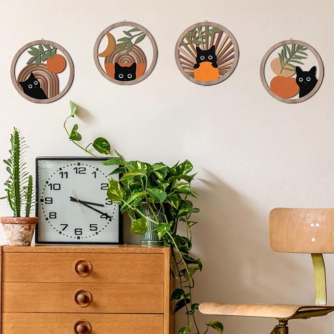 HPNIUB Abstract Mid Century Boho Black Cat Wall Decor-4 Pieces 10''x10'' | Farmhouse Geometric Hanging Wooden Wall Art,Bohemian Moon and Sun Wood Sign for Nursery Bedroom Decoration, Lovely Cat Gifts