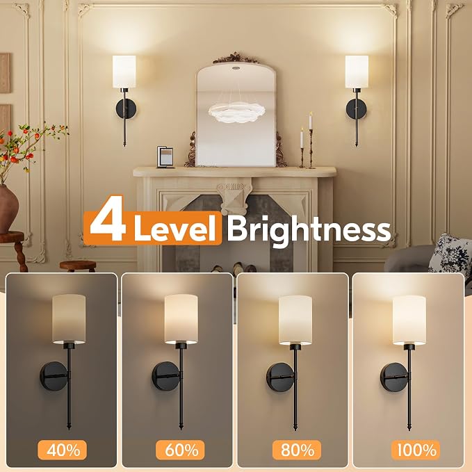 20.67 inch Battery Operated Wall Sconce Set of 2, Black Rechargeable Wall Lights with 10400mAh Dimmable Bulbs and Remote, 9 Colors Wireless Wall Lamps for Bedroom Living Room Hallway