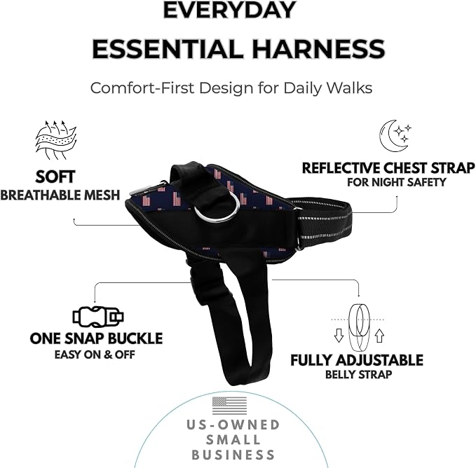 ShawnCo Essential Dog Harness, No-Pull Pet Vest (USA Flag,XS) | 3 Leash Clips, Easy On, No-Choke, Reflective, Adjustable Fit, Padded Comfort, Control Handle, For Small, Medium & Large Dogs