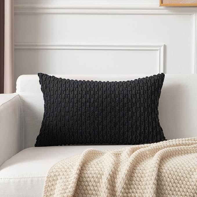 Kevin Textile Soft Corduroy 12"x20" Lumbar Pillow Cover 1 Pack, Black | Boho Stripe Plush Corduroy Decorative Oblong Cushion Cover Modern Farmhouse Home Decor for Sofa Couch Bed Chair