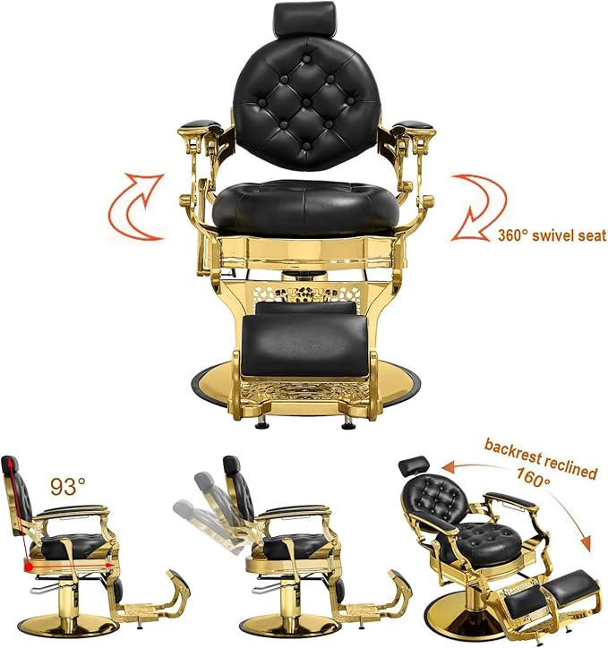 Kaleurrier Hair Styling Chair Reclining: Men’s Barber Chairs for Barber Station - Heavy Duty Salon Chair with Footrest for Hair Stylist Wide Seat Gold and Black