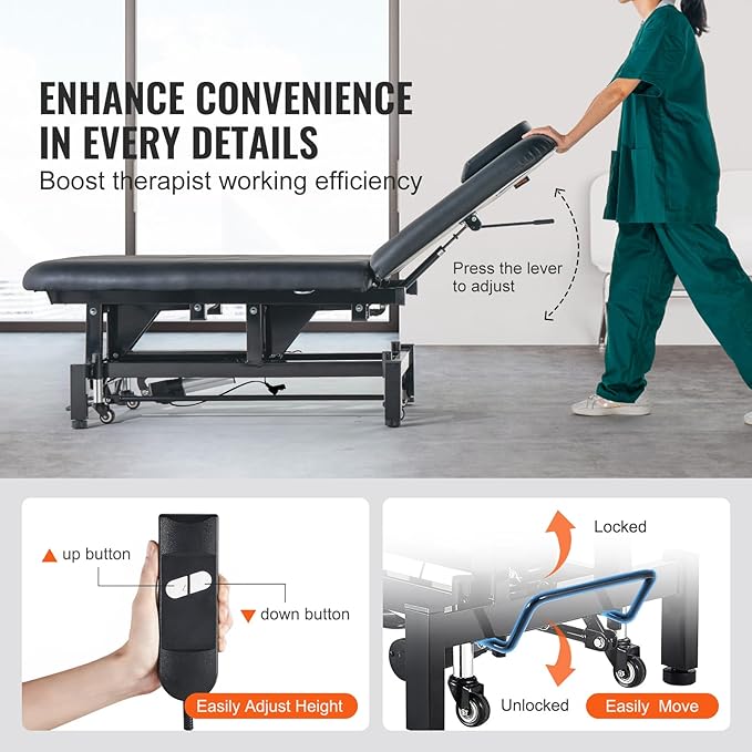 VEVOR Professional Electric Lift Massage Table, 0-45° Adjustable Backrest Medical Table Beauty Bed, Height Adjustable Tattoo Spa Table on Wheels, Electric Massage Table with Headrest, 550LBS