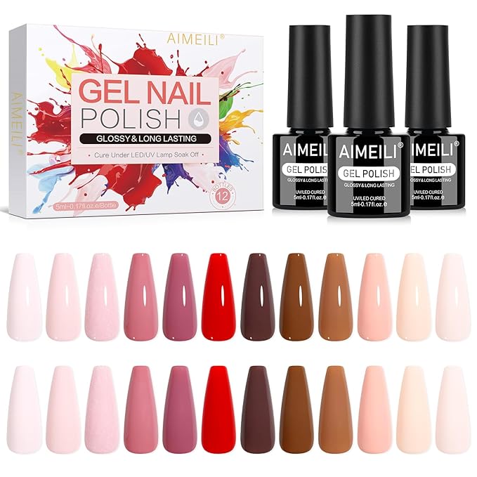 AIMEILI Gel Nail Polish Set Hema Free 12 Colors Nude Baby Pink Purple Soak Off U V LED Nail Art Manicure Salon DIY at Home for Women - Kit 42
