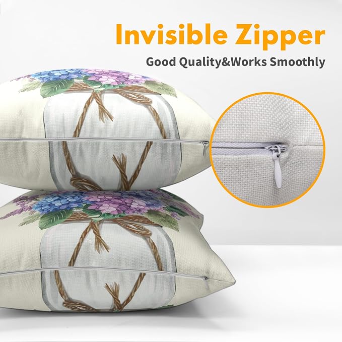 Kawani Hydrangea Flower Throw Pillow Covers 22x22 Inch Butterfly Purple Blue Floral and Leaves Mason Jar Square Pillowcases Cotton Linen Cushion Cover for Couch Sofa Bed Home Decor