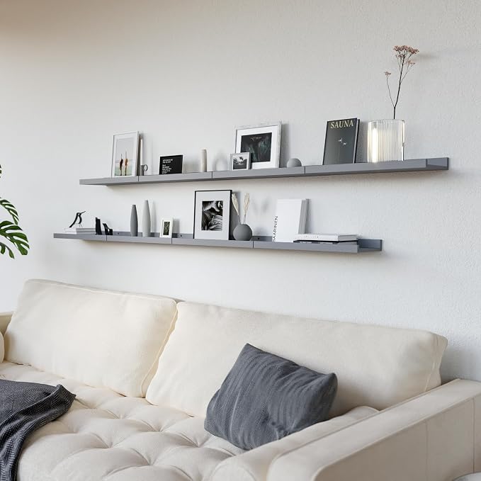 RICHER HOUSE 8 Set Floating Wall Mounted Shelves, Nursery Hanging Book Shelves with Lip for Storage, Gray Display Picture Ledge Shelf for Bedroom Bathroom Kitchen Living Room Wall Decor, Modern Grey | Display Picture Ledge Shelf, Anti-drop lip Shelf fo...