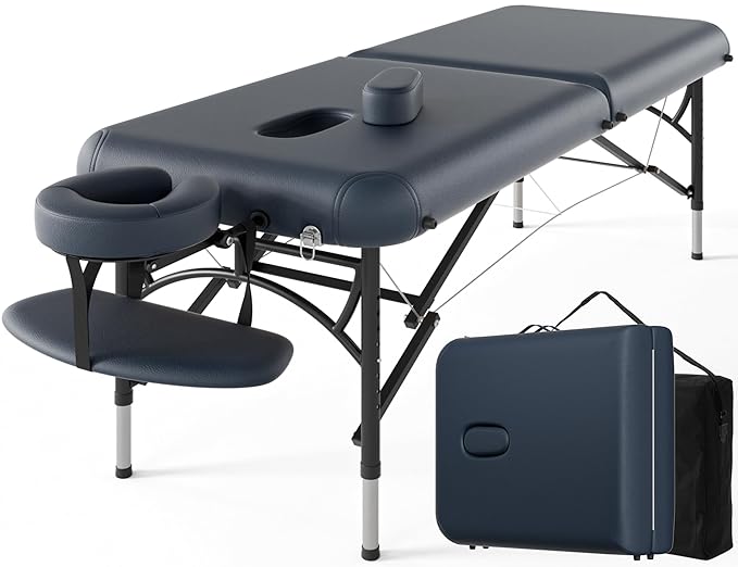 CLORIS 84" Professional Massage Table Portable 2 Folding Lightweight Facial Salon Spa Tattoo Bed Height Adjustable with Carrying Bag & Aluminium Leg Hold Up to 1100LBS Blue