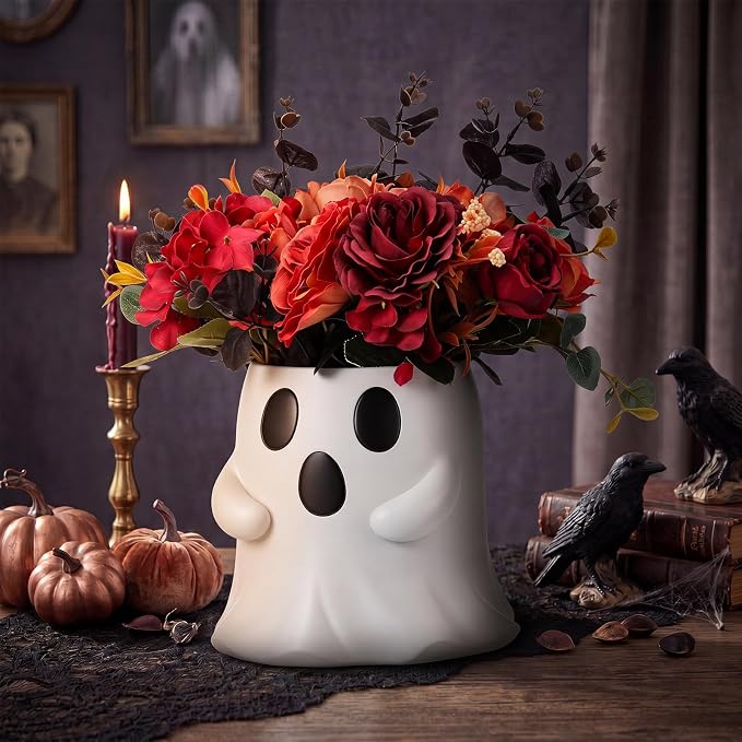SiliFine Halloween Ghost Bucket with Artificial Flowers Halloween Vase | 6 Inch, Ghost Vase Planter Pot, Halloween Floral Centerpiece, Halloween Candy Holder, Desktop, Indoor Outdoor Holiday Decor