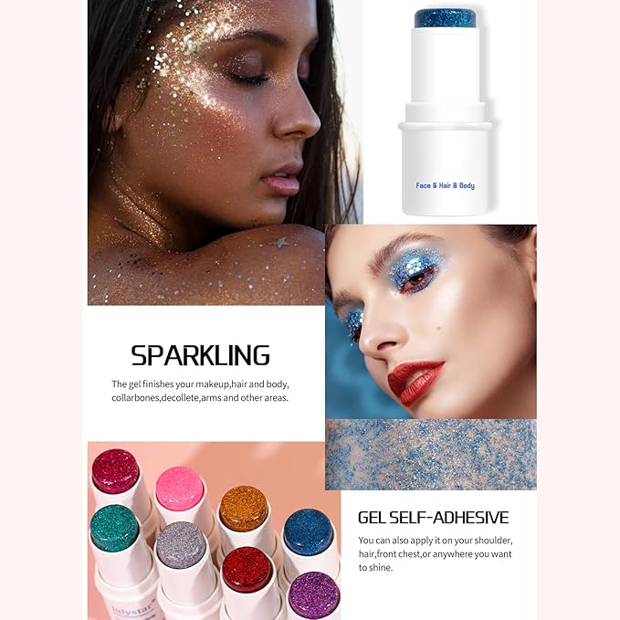 2 Colors Body Glitter Stick Chunky Glitter Gel for Face Body Hair Sparkling Holographic Mermaid Sequins Paint Multiuse Makeup Glitter Gel Red and Blue（2PCS）