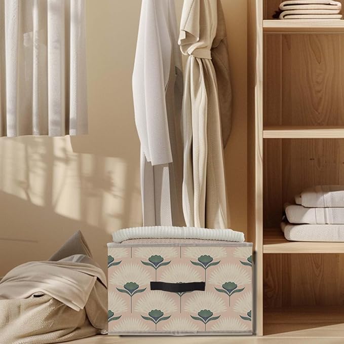 Retro Pink Floral Storage Bins Basket, Mid Century Modern Art Nouveau Collapsible Fabric Storage Box Organizer Toybox for Bedroom Bathroom Clothes Books Toys