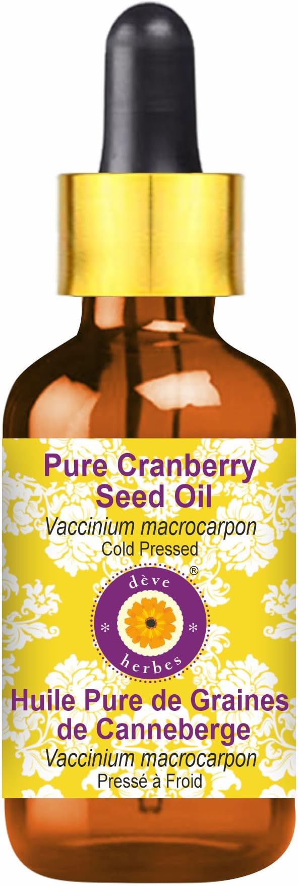 Deve Herbes Pure Cranberry Seed Oil (Vaccinium macrocarpon) with Glass Dropper Cold Pressed 15ml (0.50 oz)