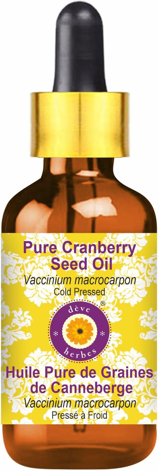 Deve Herbes Pure Cranberry Seed Oil (Vaccinium macrocarpon) with Glass Dropper Cold Pressed 100ml (3.38 oz)